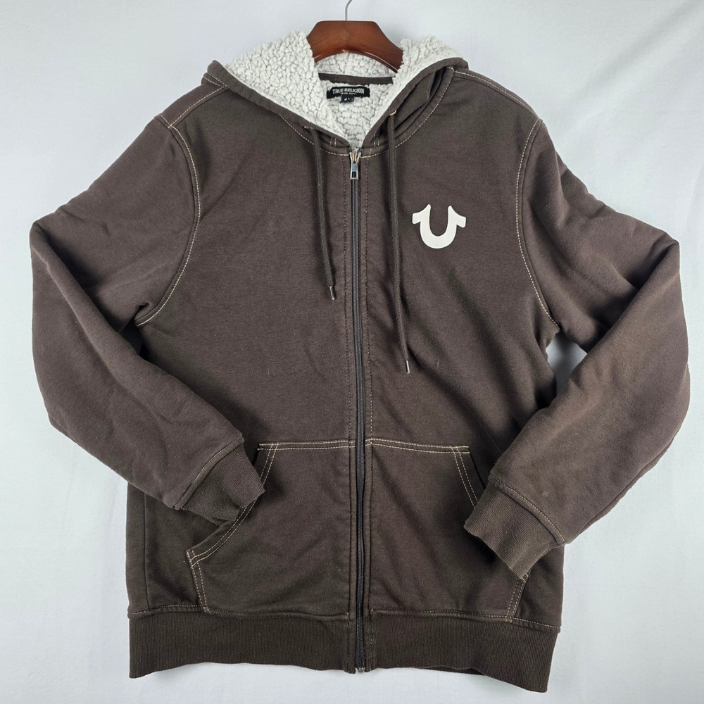 True Religion Mens Brown Sherpa Lined Full Zip Buddha Logo Hoodie Small